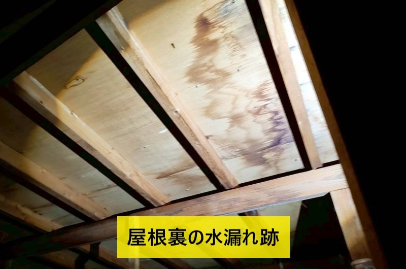 屋根裏の漏水跡　屋根下地が水濡れ